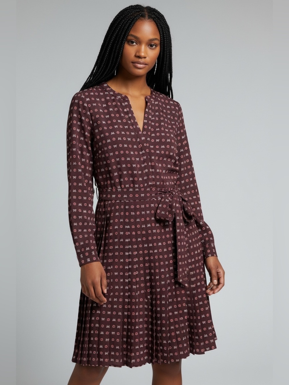 LOFT Burgundy Printed Long-Sleeve Tie-Waist Dress